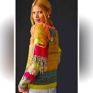 Anthropologie Fringed Statement Colorblock Sweater Sz S Crew Neck Pullover NWOT